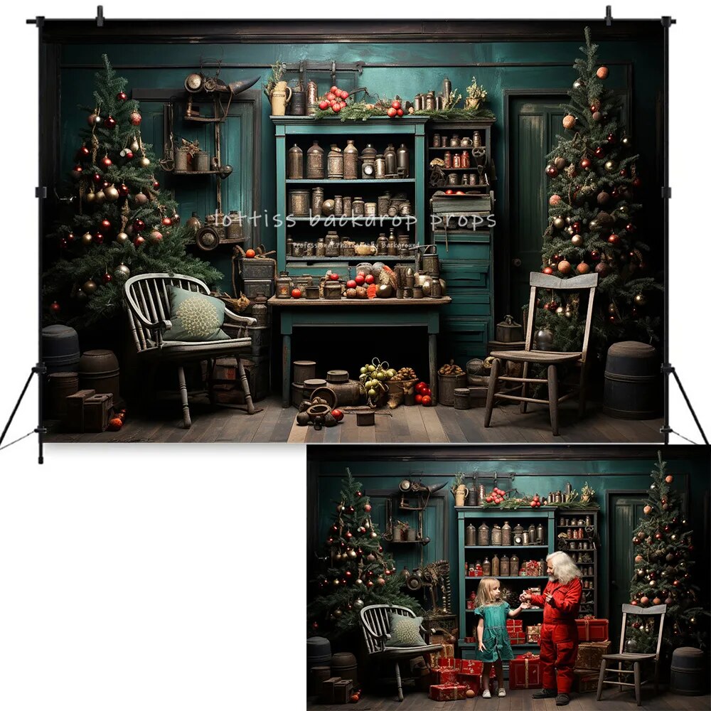 Noël Santas vert poste de travail toile de fond enfants adultes photographie accessoires enfant bébé Photocall arbres de noël canapé décors fond 