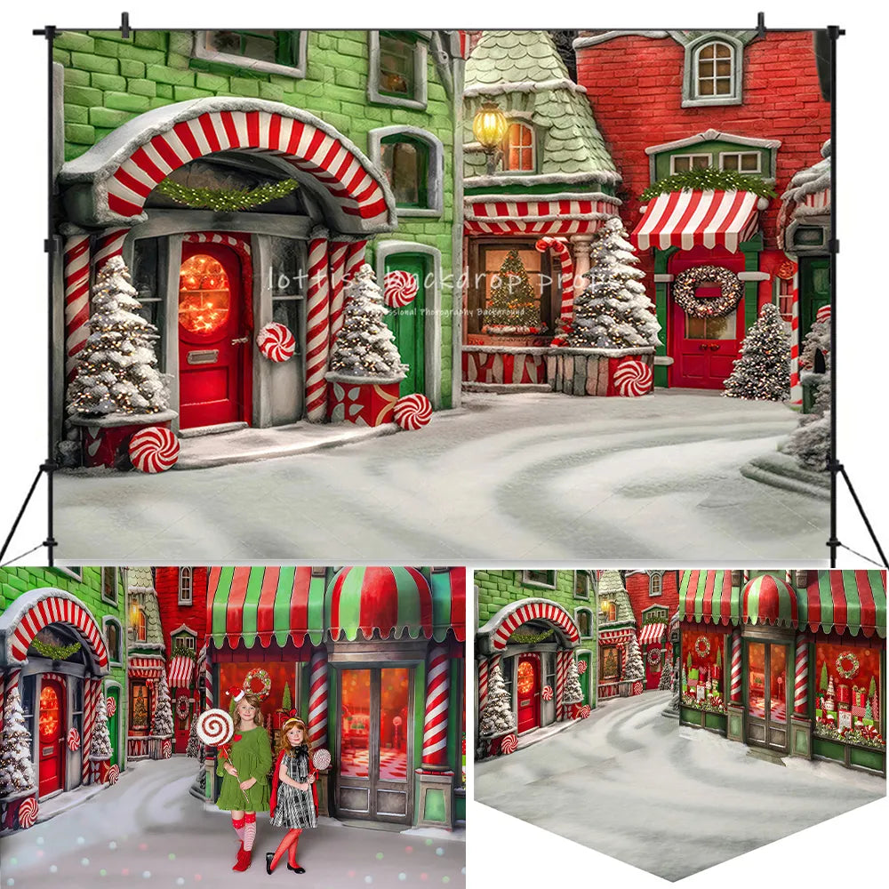 Whoville magasin de noël Mini chambre toile de fond enfants Portrait photographie accessoires adulte enfant noël neige bonbons maison avant fond 