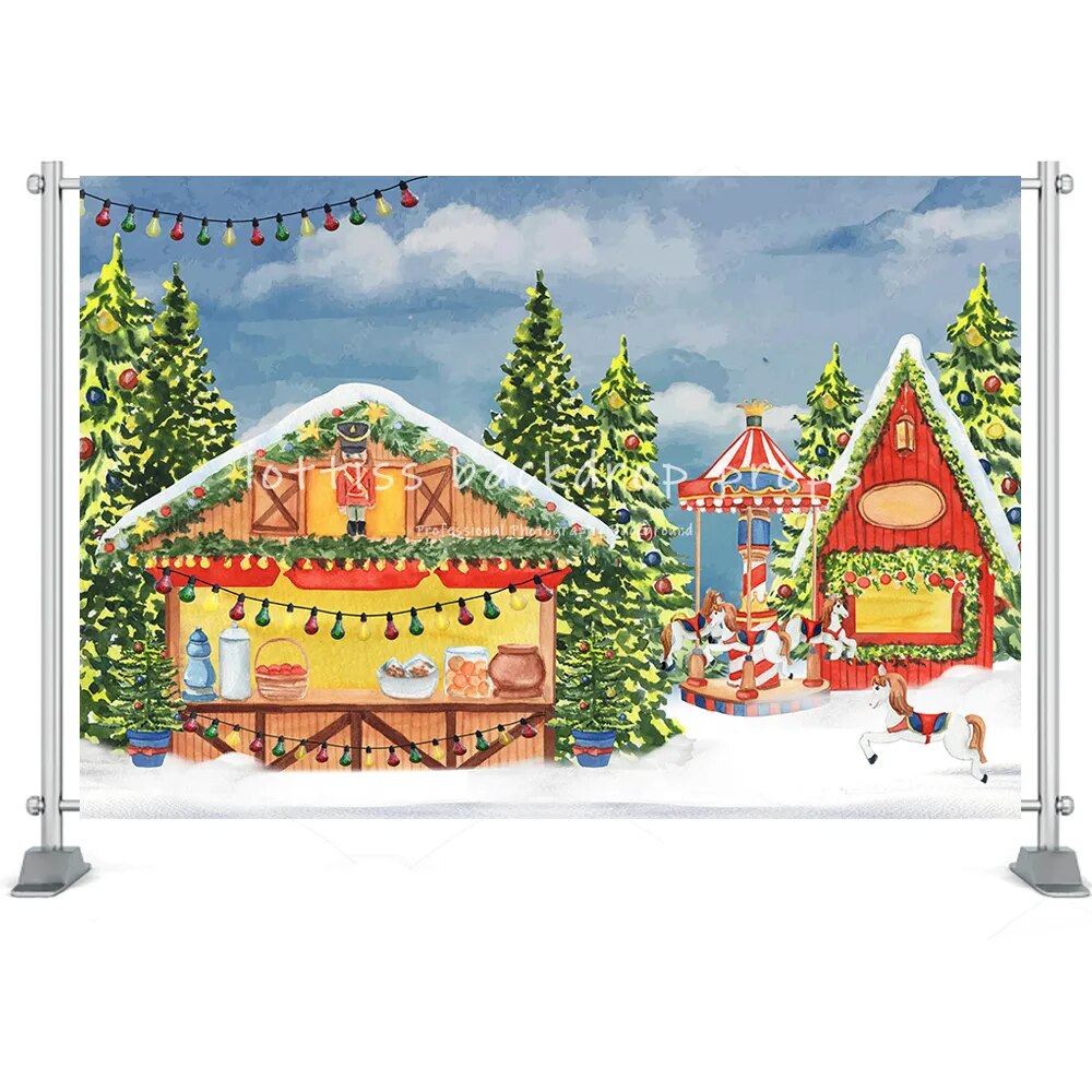 Winter House Backdrop Snow Field Forest Christmas Santa Claus Tree Farm Kids Bbay Family Portrait Photography Background