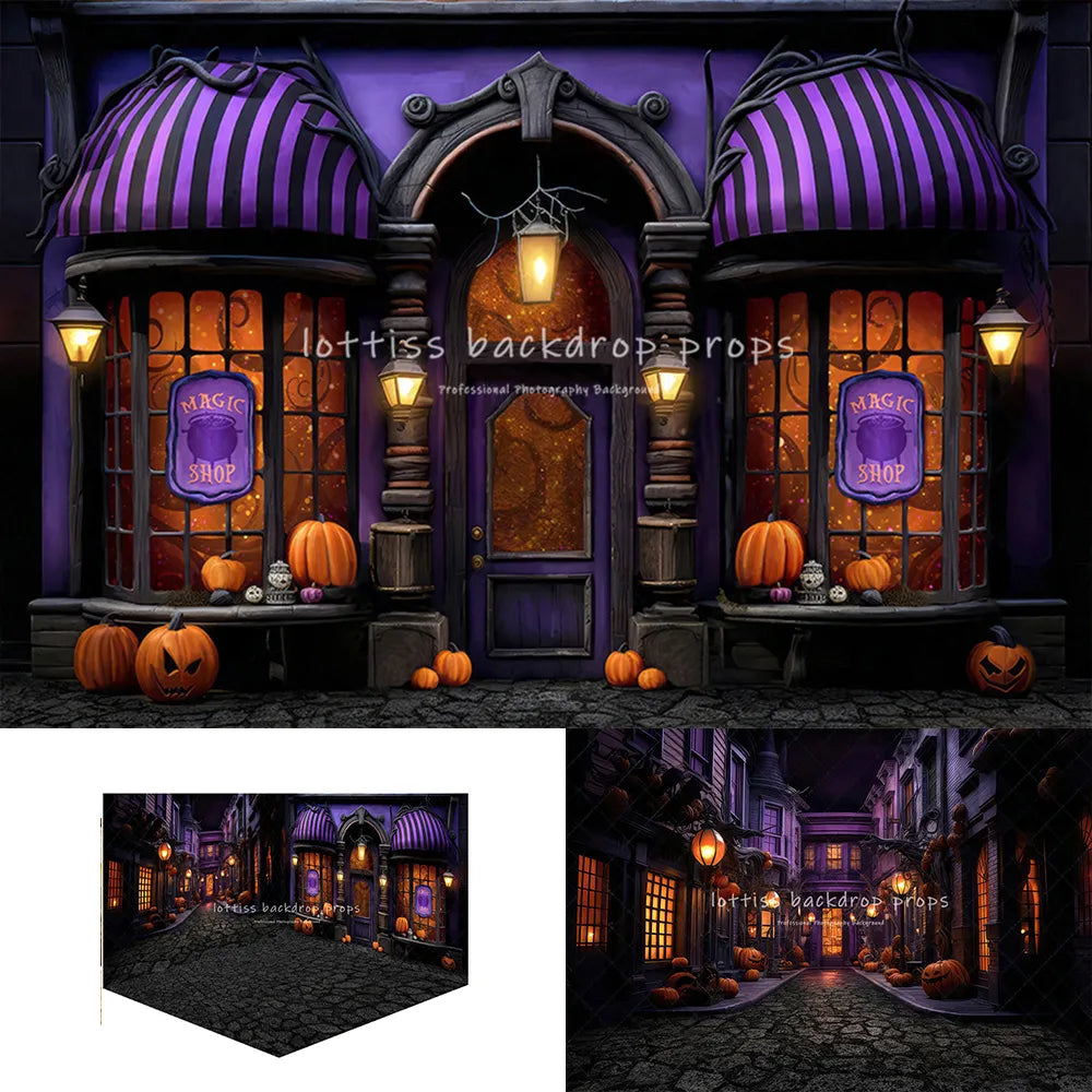 Haunted Halloween Street Backdrops Child Photography Props Kids Adult Festival Decors Magic Shop Front Background