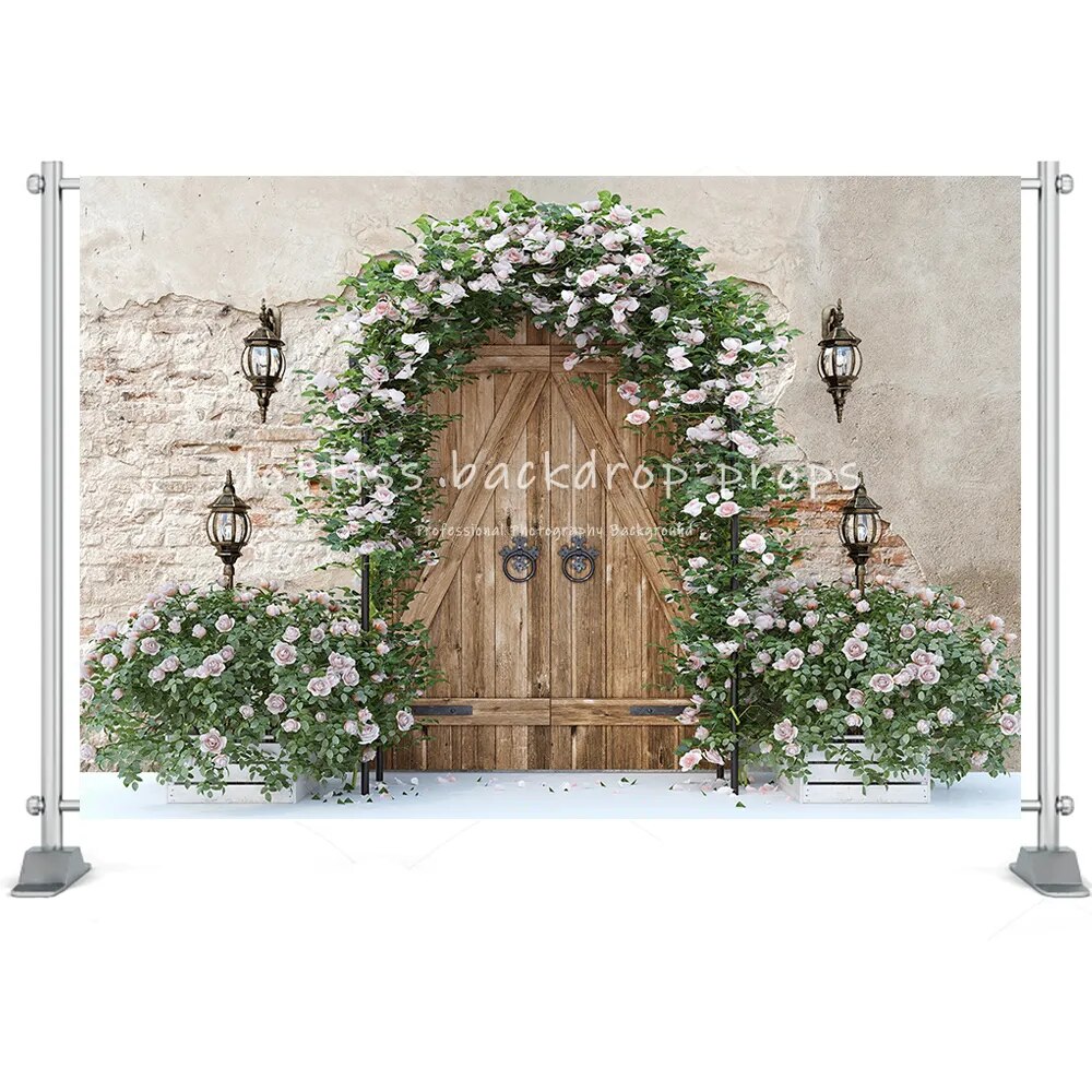 Printemps jardin grange porte photographie toile de fond lapin fleurs fenêtre en bois verdure décorations cheminée pâques arrière-plans accessoires 