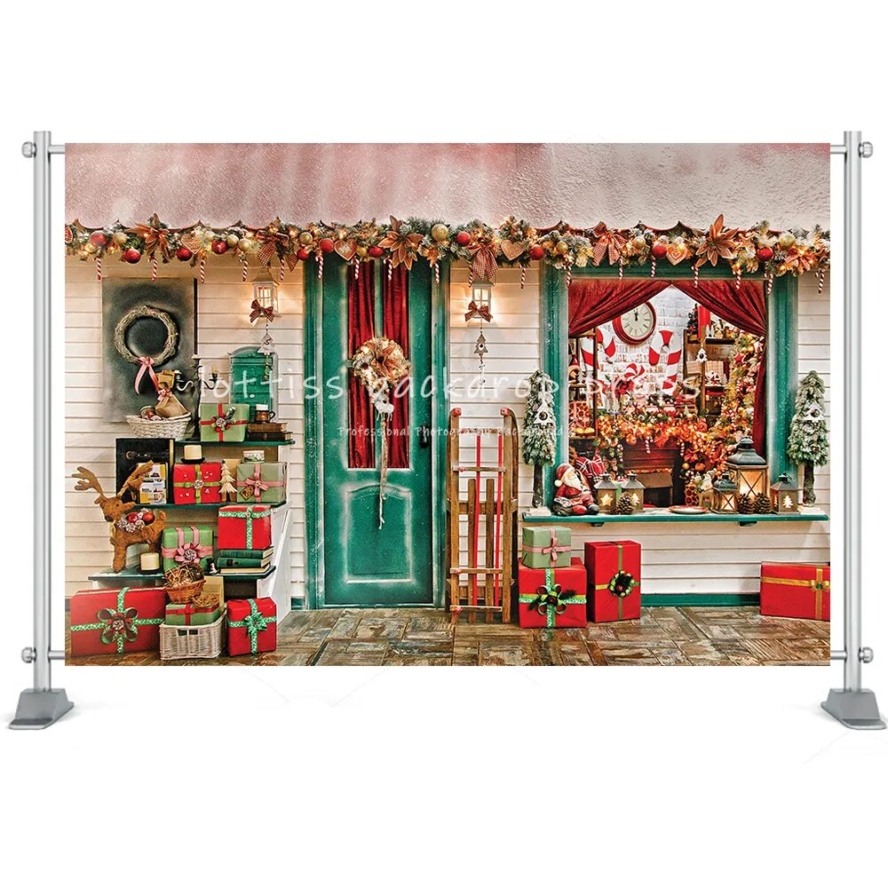 Christmas Toy Store Photography Backdrop Toy Horse Gingerbread House Xmas Room Kids Portrait Background Vintage Wood Door Decor