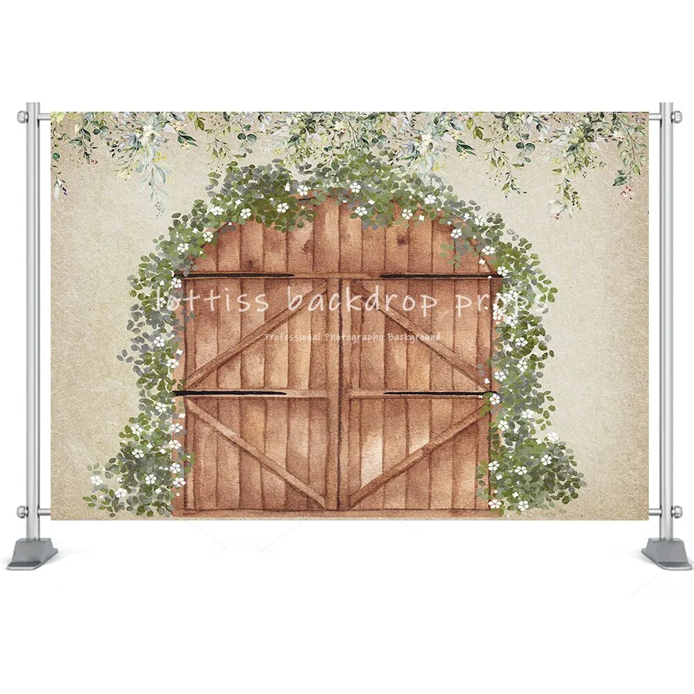 Spring Garden Barn Door Photography Backdrop Bunny Flowers Wooden Window Greenery Decorations Fireplace Easter Backgrounds Props