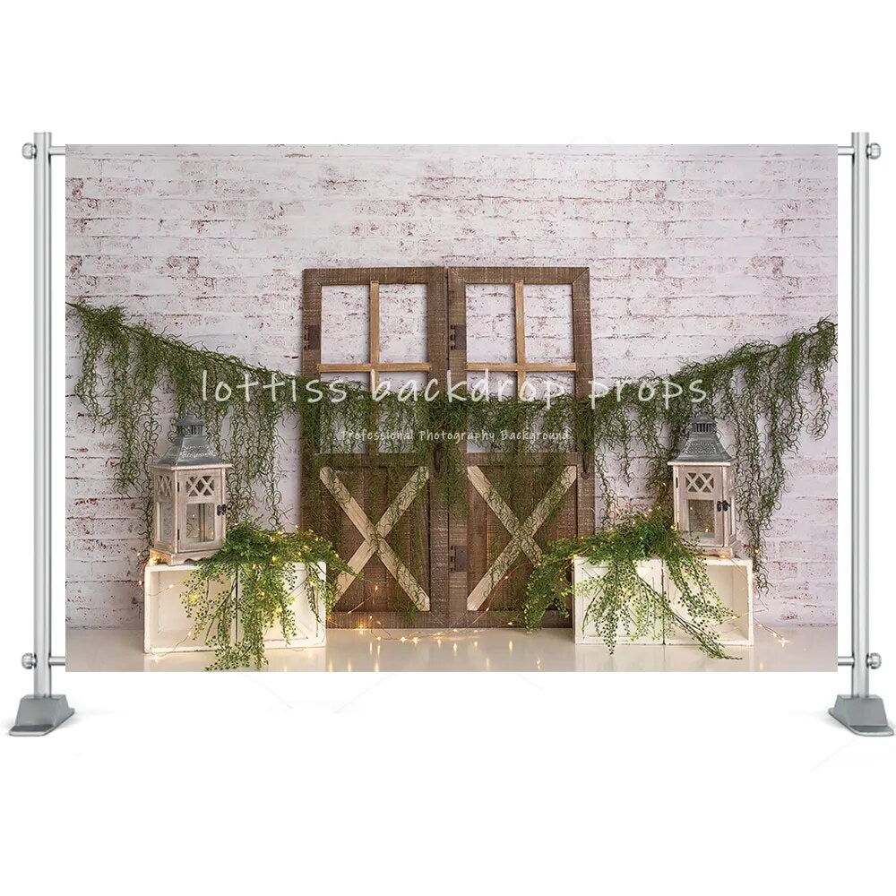 Spring Garden Barn Door Photography Backdrop Bunny Flowers Wooden Window Greenery Decorations Fireplace Easter Backgrounds Props