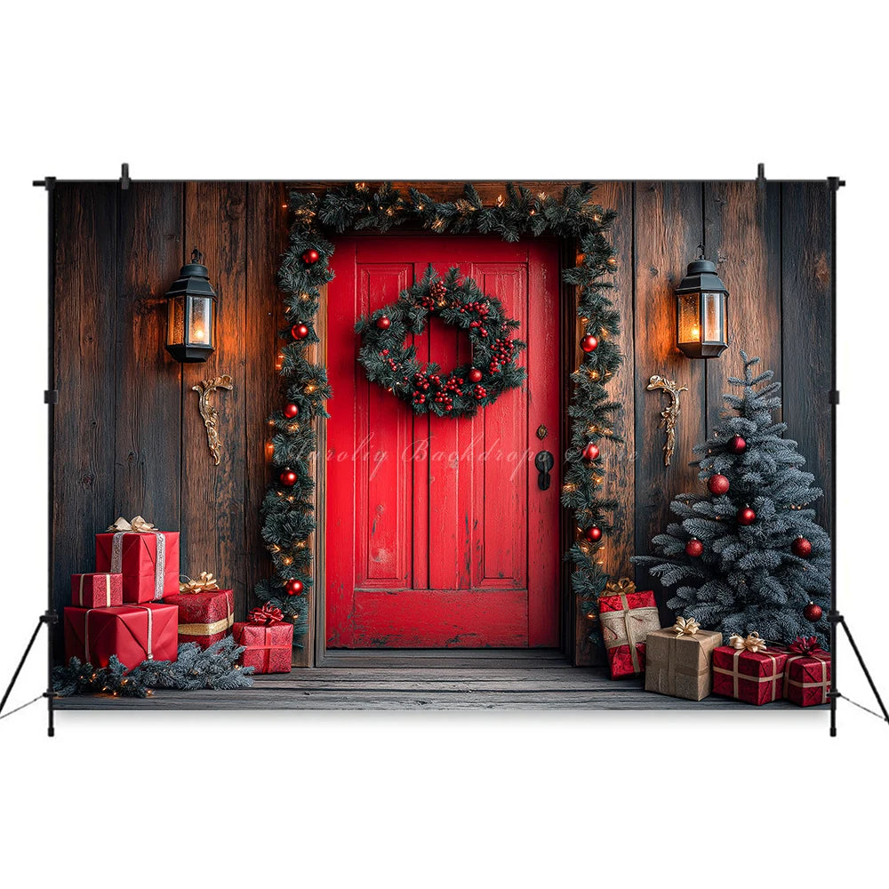 Christmas Red Door With Wreaths And Garlands Photography Backdrop Baby Kids Portrait Family Party Photocall Studio Backgrounds