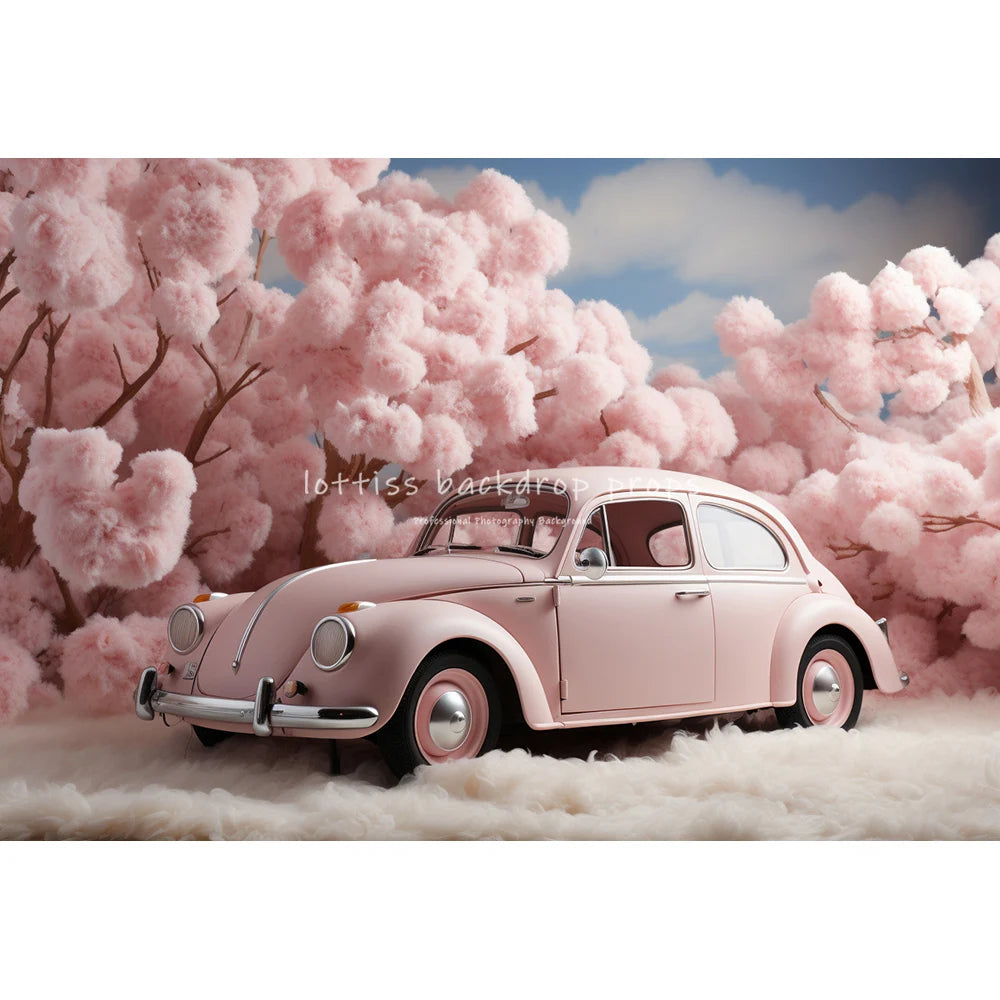 Valentine's Day Pink Floral Car Backdrops Kids Baby Photogrpahy Child Lover Photocall Rose Red Heart Festival Backgrounds