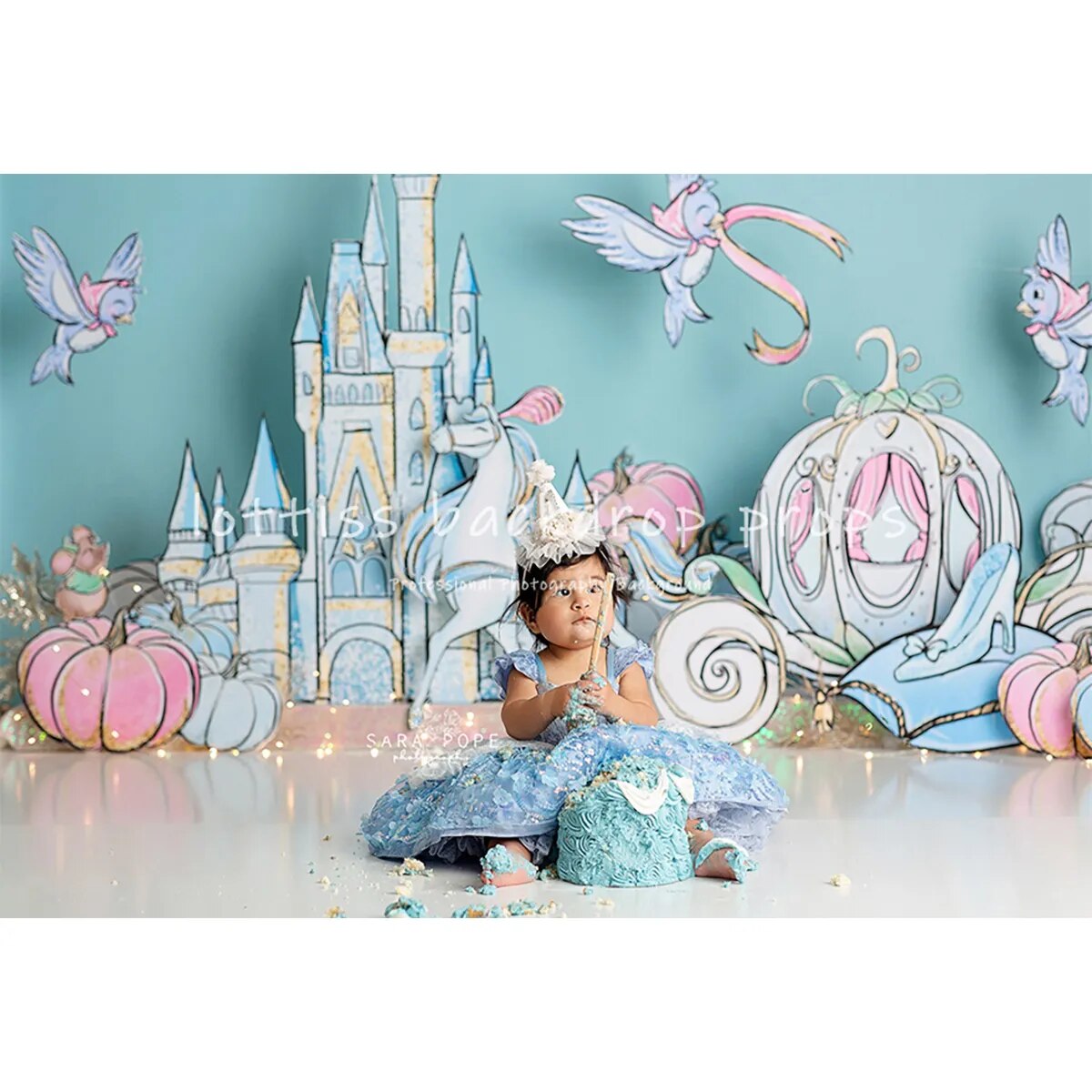 Cendrillon château anniversaire photographie toile de fond dessin animé enfants fille gâteau Smash accessoires citrouille voiture décor bébé douche fond 