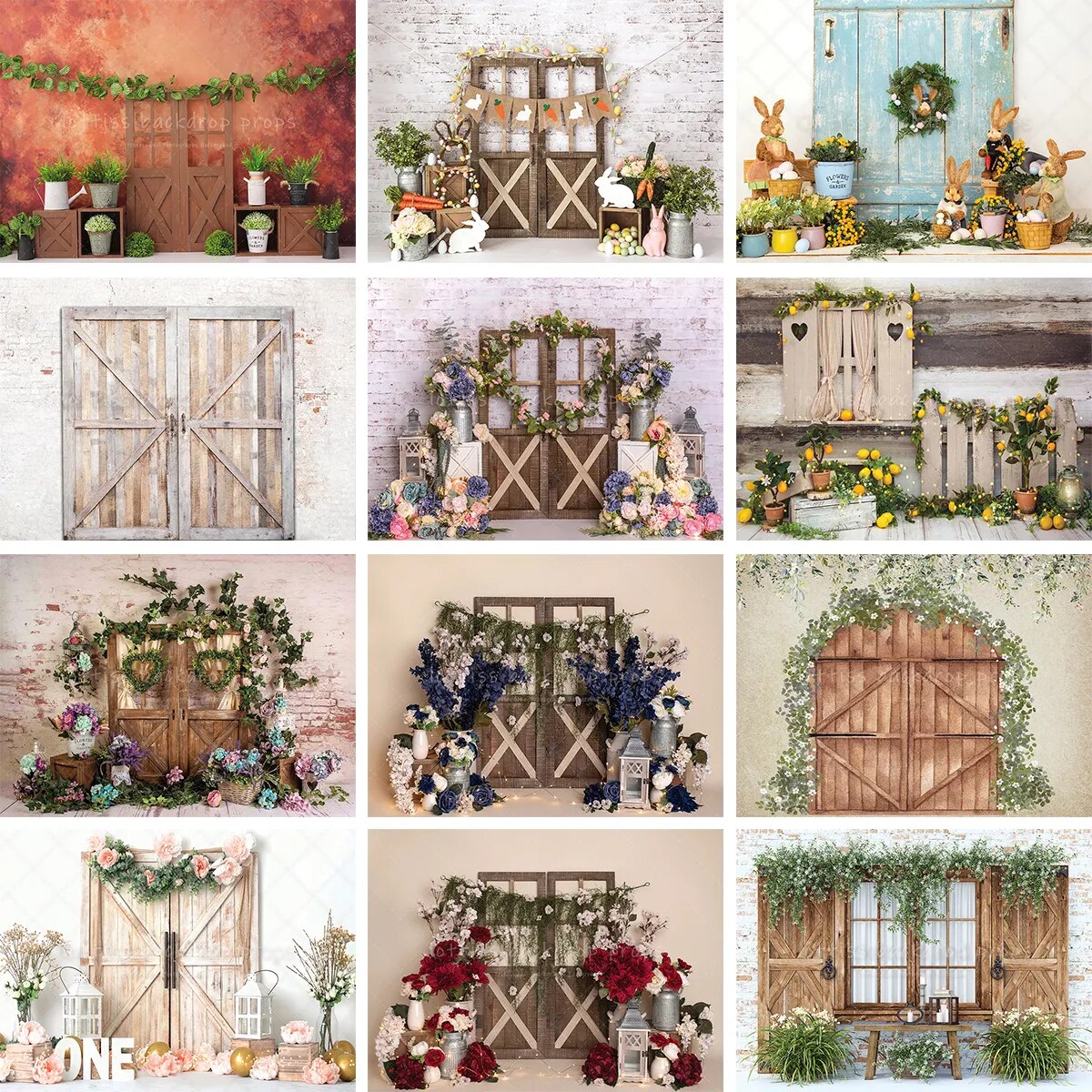 Spring Garden Barn Door Photography Backdrop Bunny Flowers Wooden Window Greenery Decorations Fireplace Easter Backgrounds Props