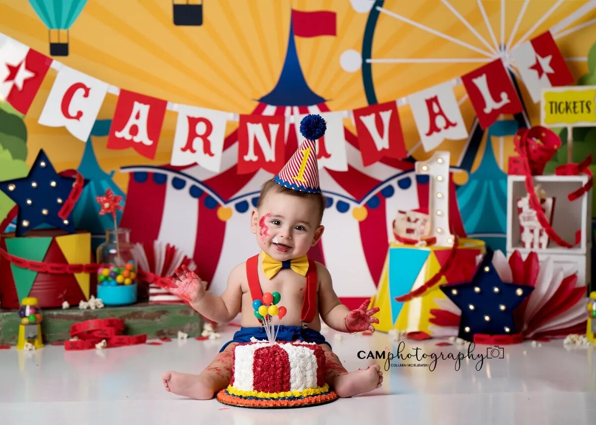 Carnaval cirque photographie décors enfant Camsh enfant anniversaire accessoires bébé Portrait Clown grande roue ballon à Air chaud fond 