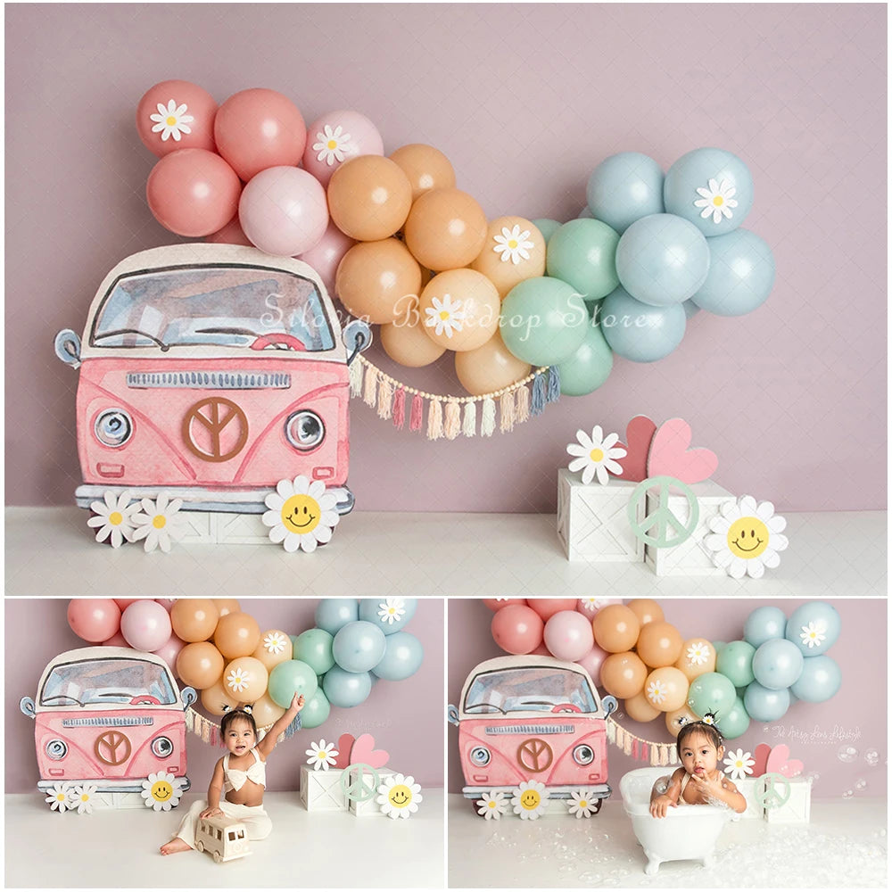 Groovy Cute Pink Truck Balloon Photo Background Girl Birthday Cake Smash Photography Backdrop White Daisy Photo Studio Props