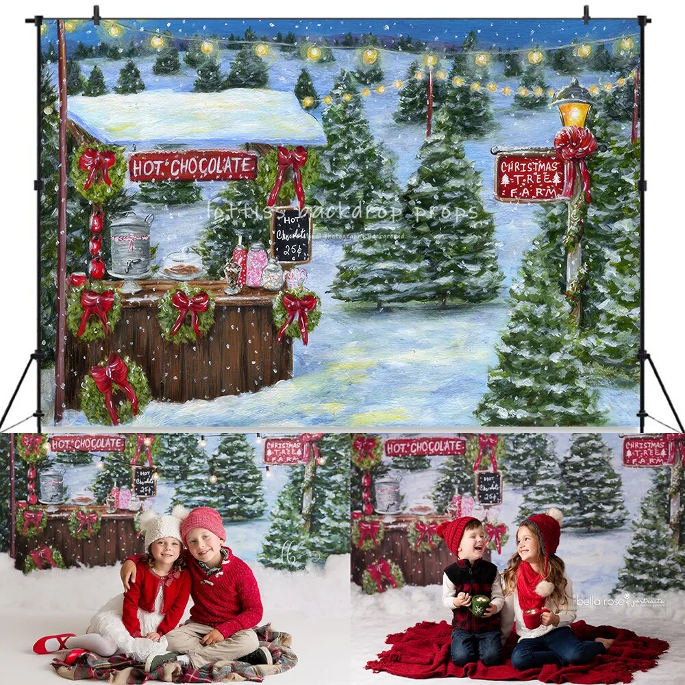 Hot Chocolate Stand Xmas Backdrop Kids Adult Winter Photography Baby Birthday Cake Smash Decors Christmas Forest Background