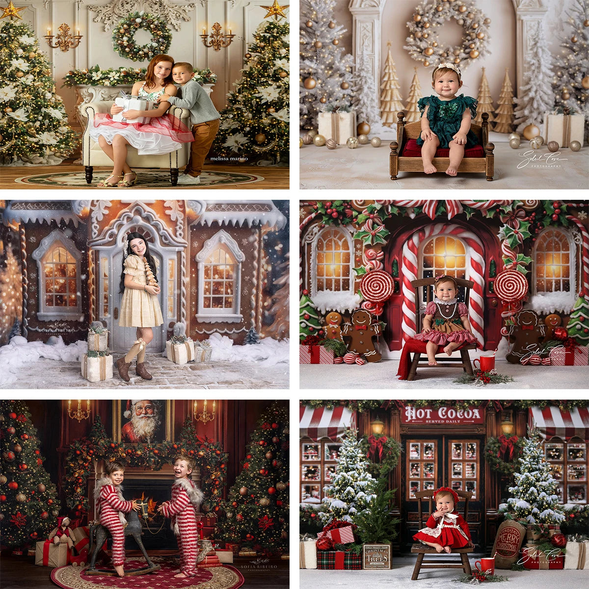 Elegant White Christmas Fireplace Backdrop Winter Street and Store Front Kids Baby Cake Smash Photography Decors