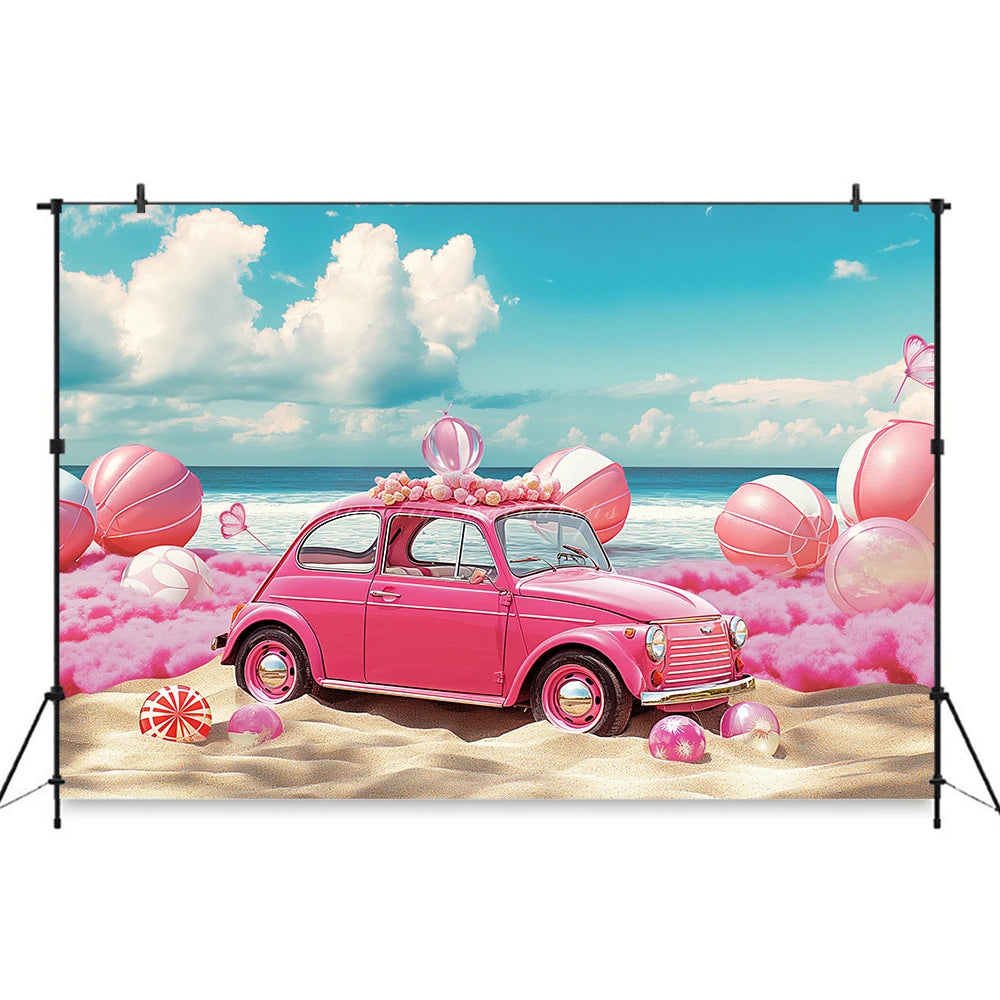 Classic Pink Car Sits on the Beach Photography Backdrop Kids Baby Cake Smash Photocall Decors Summer Plam Tree Studio Background