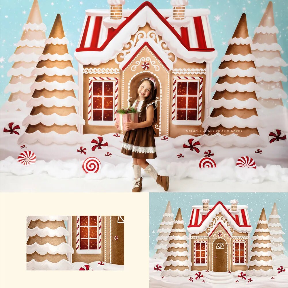 Pretty Peppermint Gingerbread Winter Backdrops Kids Baby Photorgaphy Decors Child Adult Christmas Photocall Snowy House Backgrou