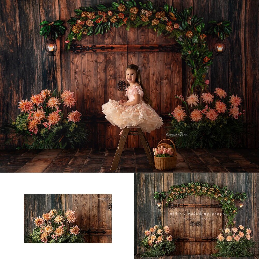 Reclaimed Garden of Alabaster Backdrops Kids Girl Photography Props Child Baby Wooden Door Spring Flower Wall Background