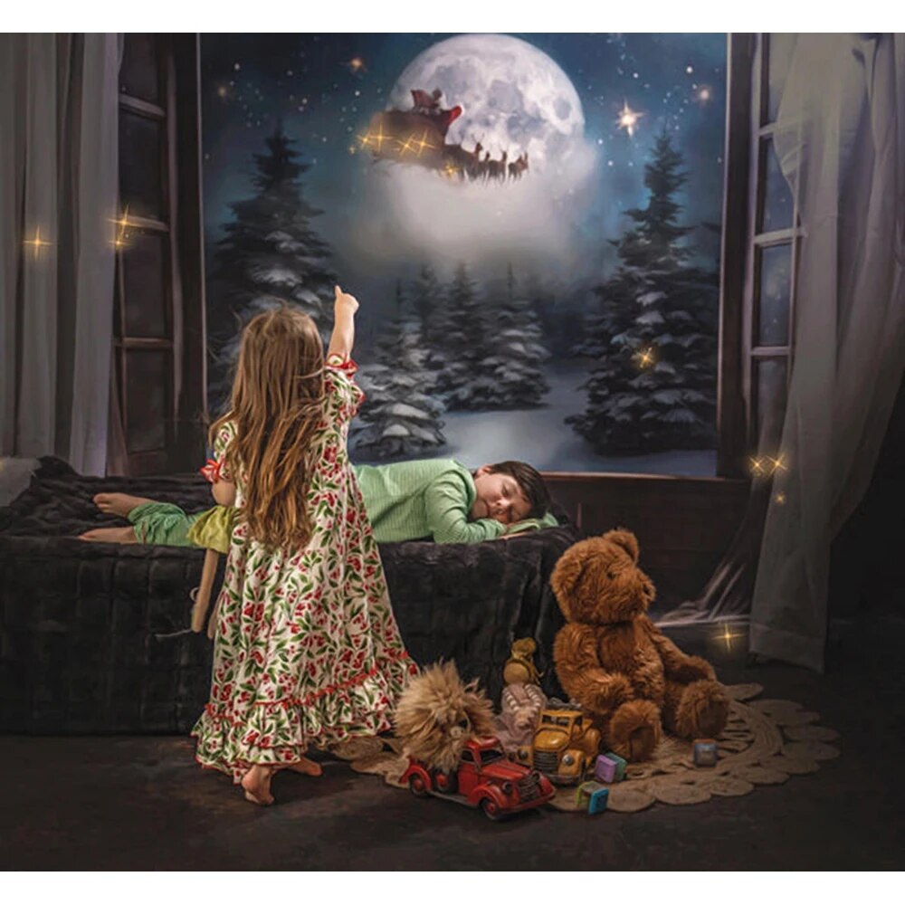 Christmas Eve Wish Santa Backdrops Kids Baby Photography Props Child Adult Photocall Decors Big Moon Xmas Windows Background