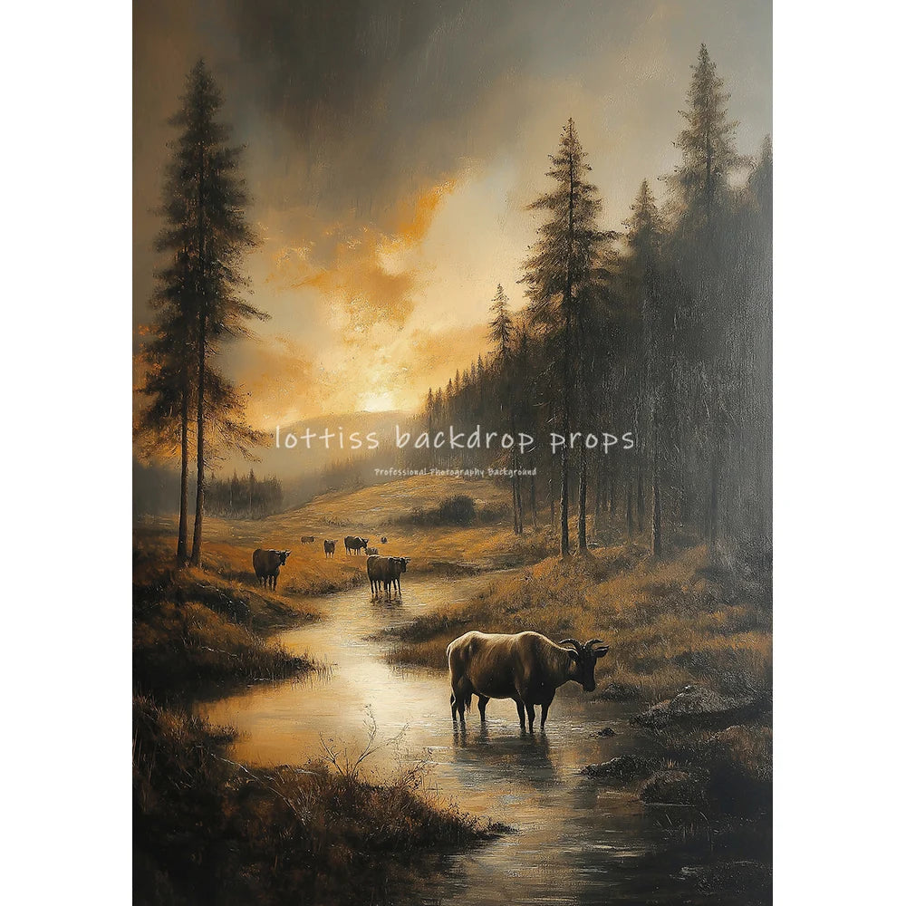 Village Cows Farm River Scenery Oil Painting Photography Backdrops Wedding Kids Adult Photocall Sunset Countryside Backgrounds
