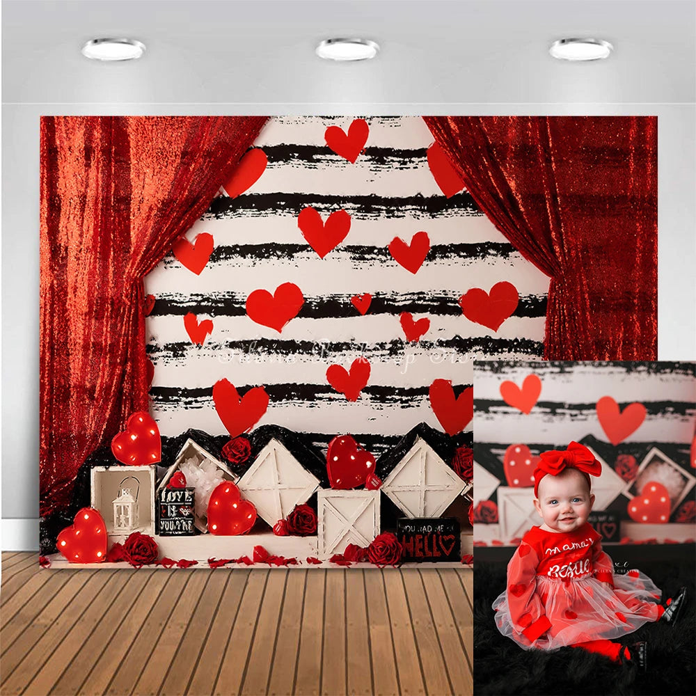 Red Curtain Photo Background Heart Rose Flower Stripes Decoration Photography Backdrop Cloth Kids Portrait Photo Studio Props