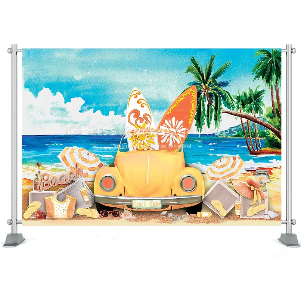 Summer Beach Backdrop Surfboard Van Palm Tree Holiday Seaside Toy Kids Newborn Portrait Customized Photography Background