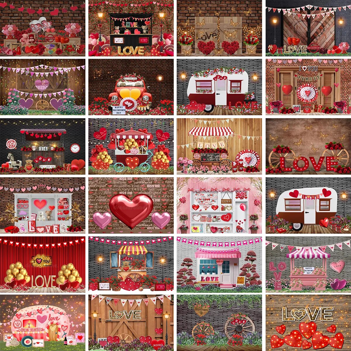 Valentine's Day Backdrop Brick Wall Wood Door Red Rose Heart Flower Shop Brick Wall Photo Background Studio Photoshoot Props