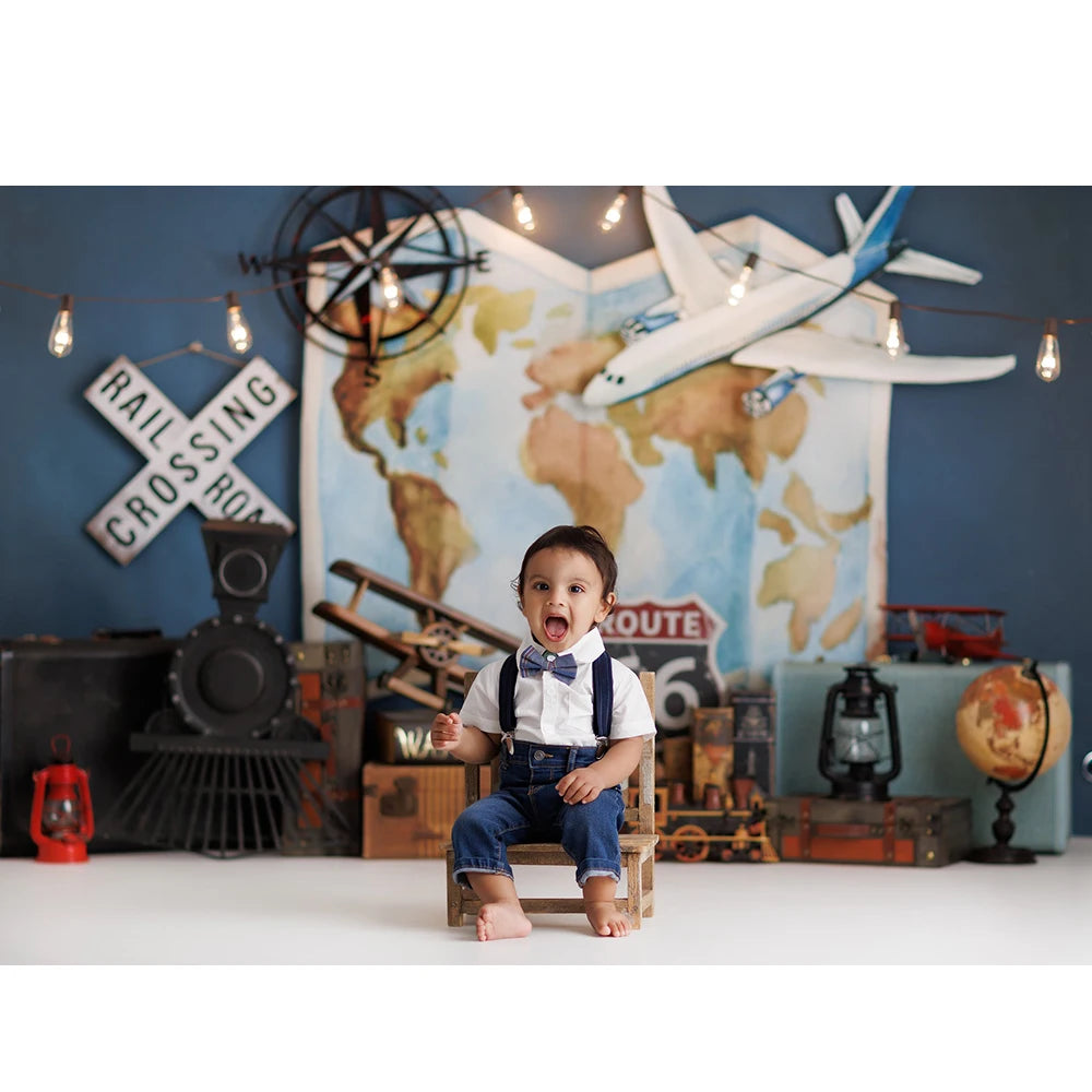 Worldwide Travelling Photography Backdrop Adventure Boy Birthday Cake Smash Photo Background Aircraft Map Photo Studio Props