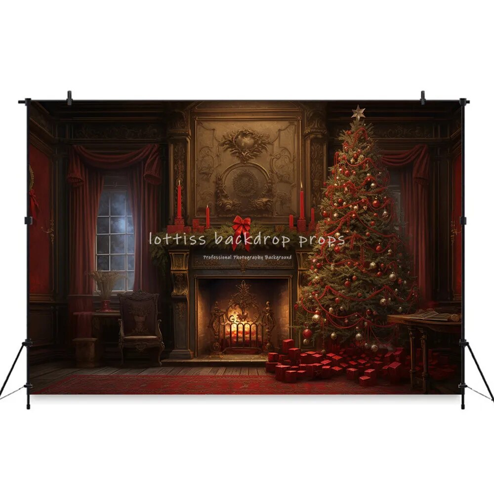 Retro Xmas Room With Fireplace Backdrop Child Baby Photography Props Adult Kids Photocall Decors Red Gifts Trees Background