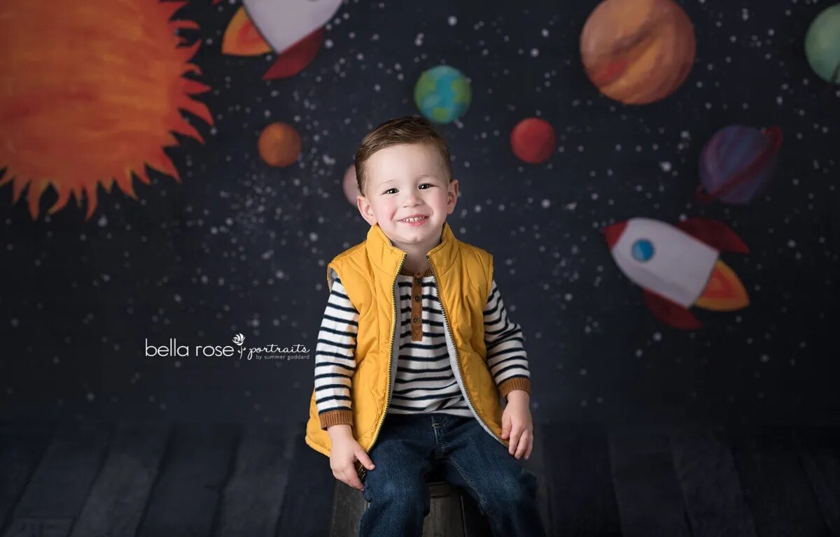 Space Adventurer Backdrops Kids Baby Cake Smash Props Child Portrait Photocall Rocket Spaceship Bacground Birthday Photostudio