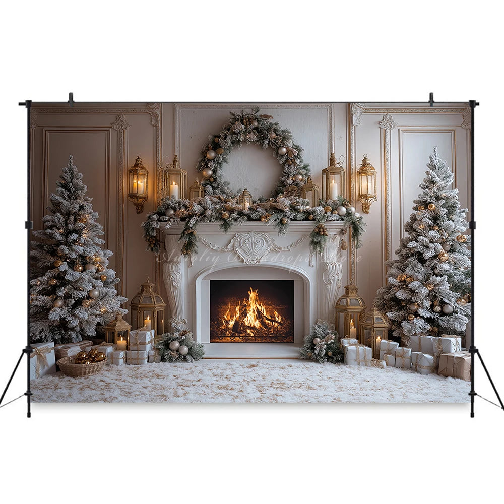 Christmas Backdrop with Fireplace and Xmas Trees Child Baby Birthday Cake Smash Photography Decor Girls Adult Studio Backgrounds