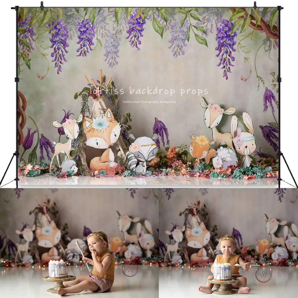 Forest Animals Backdrops Kids Cake Smash Birthday Props Child Baby Photocall Fox Bunny Wild Park Background