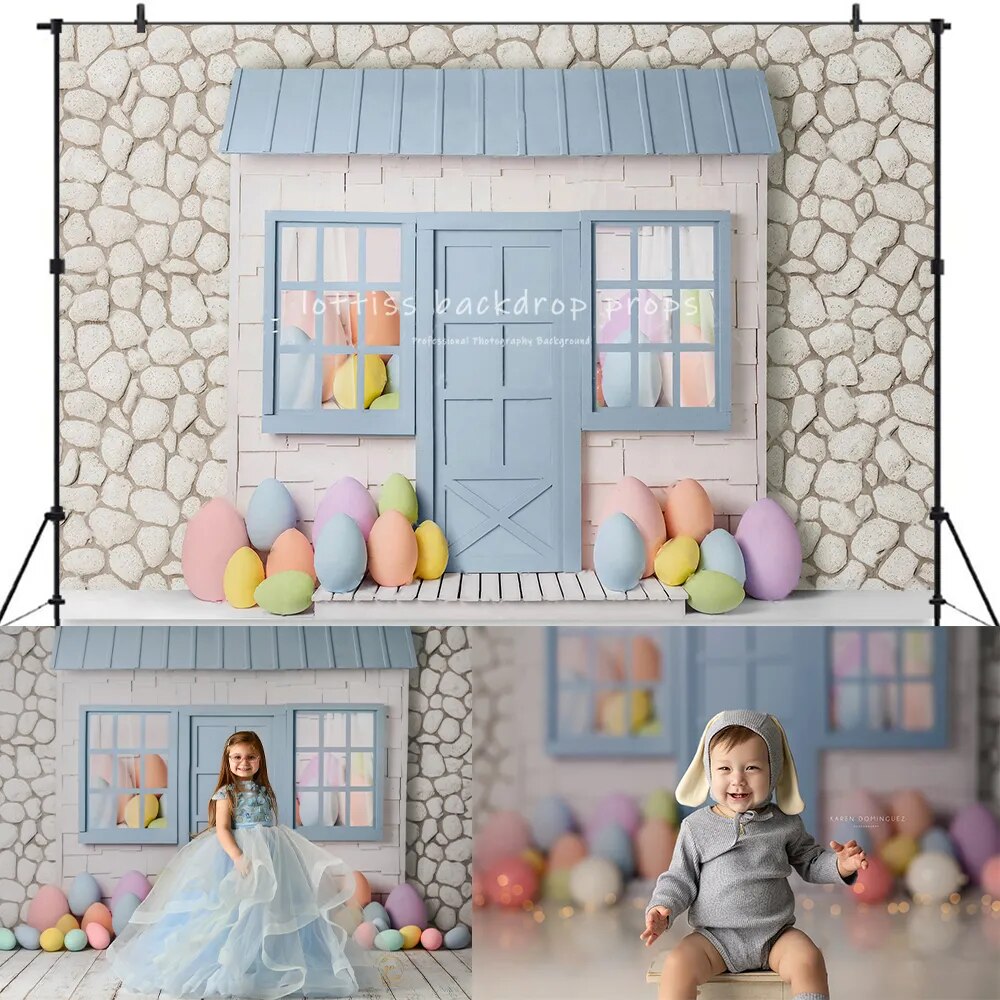 Arrière-plan de cabine de lapin bleu, accessoires de photographie pour enfants et adultes, arrière-plan pour séance photo d'anniversaire, bébé, printemps, pâques 