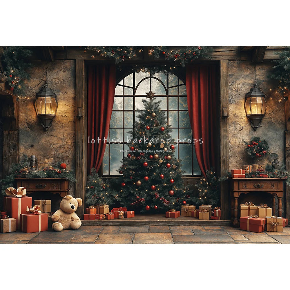 Christmas Trees Room Backdrops Kids Family Photography Child Adult Photocall Winter Fireplace Retro Cottage Backgrounds