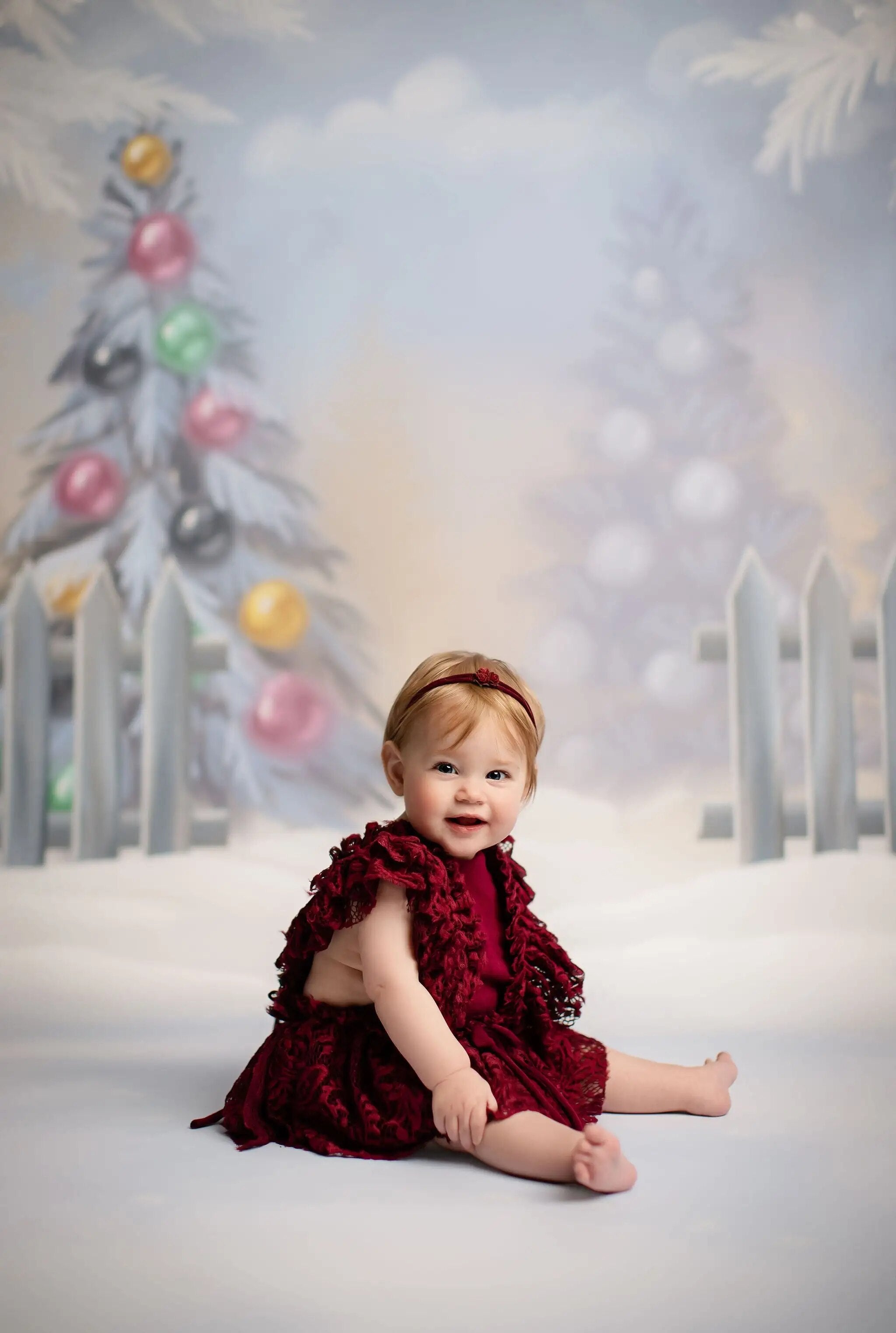 Arrière-plan d'arbres de noël enneigés d'hiver, pour séance photo d'enfants, Portrait de bébé, photographie de vacances de noël, arrière-plan de neige saupoudré 