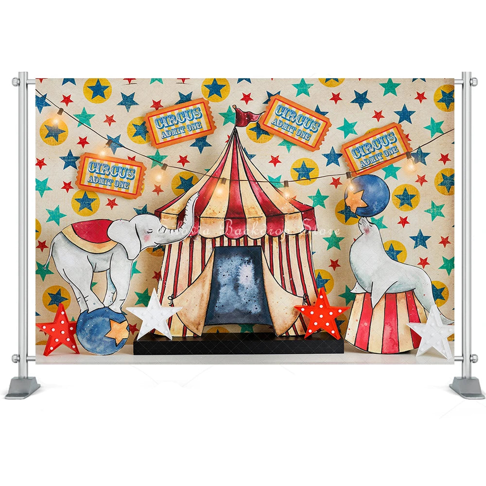 Circus Admit One Photography Backdrop Birthday Cake Smash Photo Background Red White Striped Tent Elephant Photo Studio Props