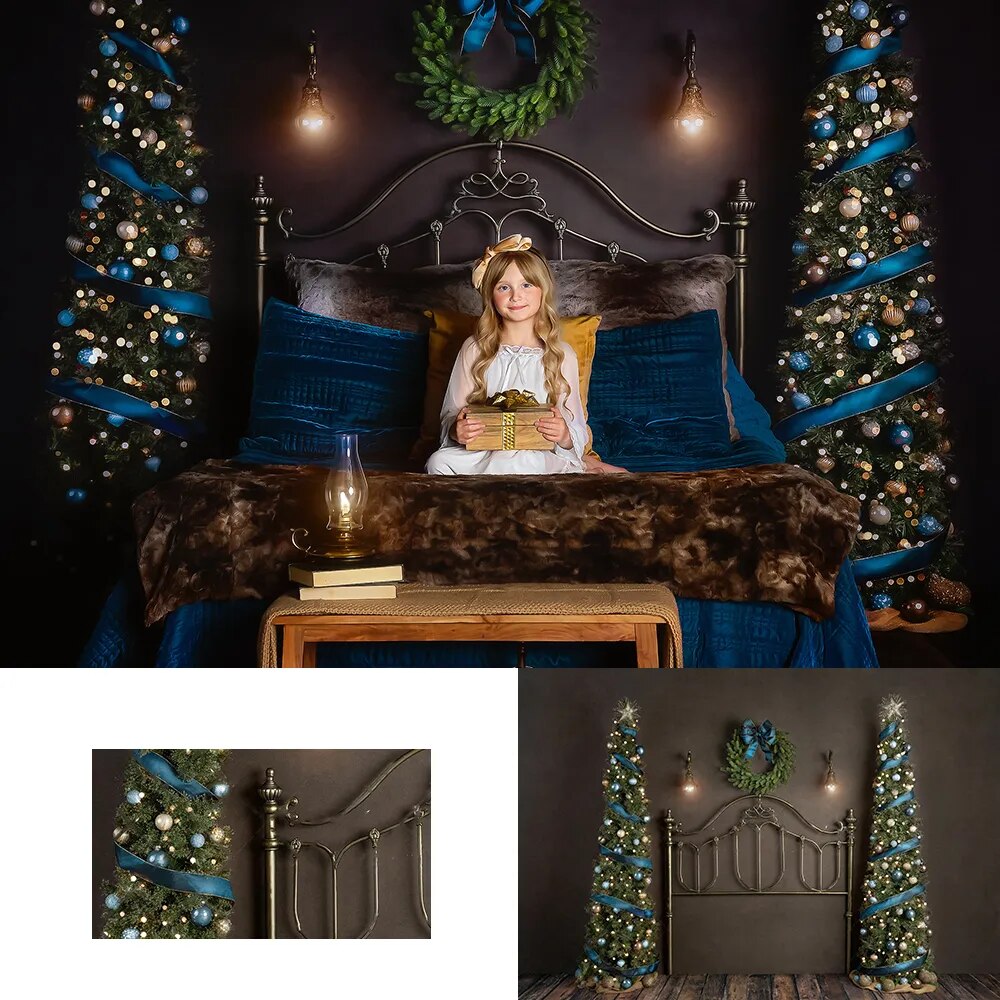 Christmas Headboard Backdrops Blue Winters Eve Kids Family Photocall Portrait Props Child Adult Xmas Trees Decor For Photostudio