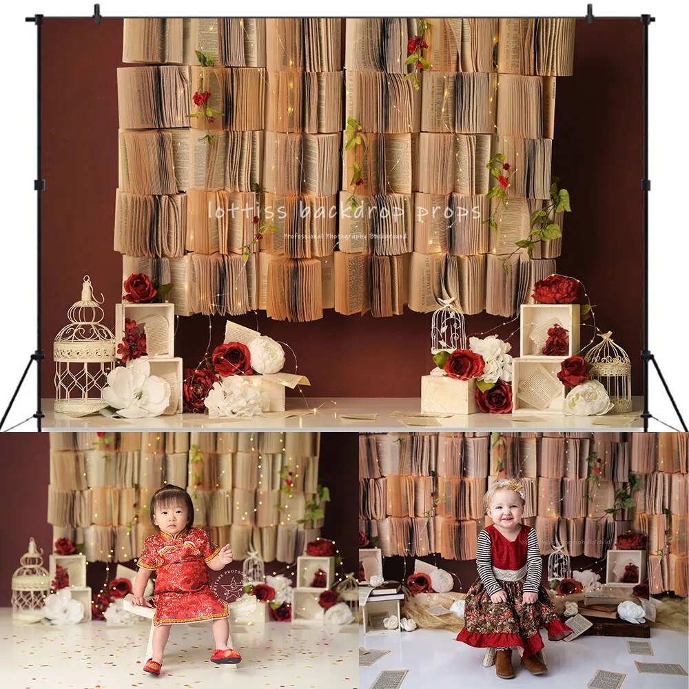 Arrière-plan de conte aussi vieux que le temps, décor de gâteau d'anniversaire pour enfants et bébés, accessoires de photographie pour enfants et adultes, arrière-plan de livres roses 