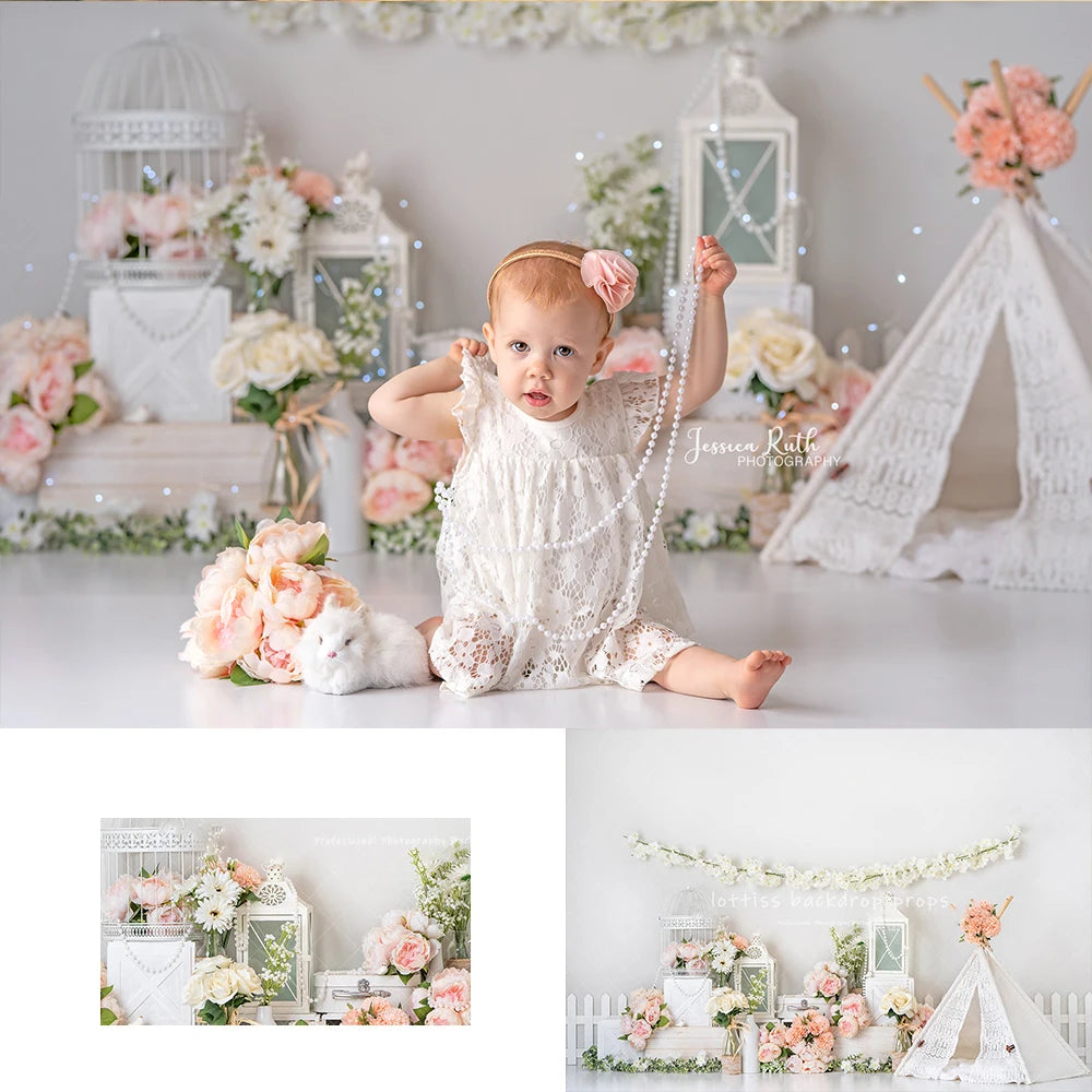 Vintage Floral Spring Backdrops Kids Baby Cake Smash Photography Child Adult Photocall Decors Pink Flower Tent Backgrounds