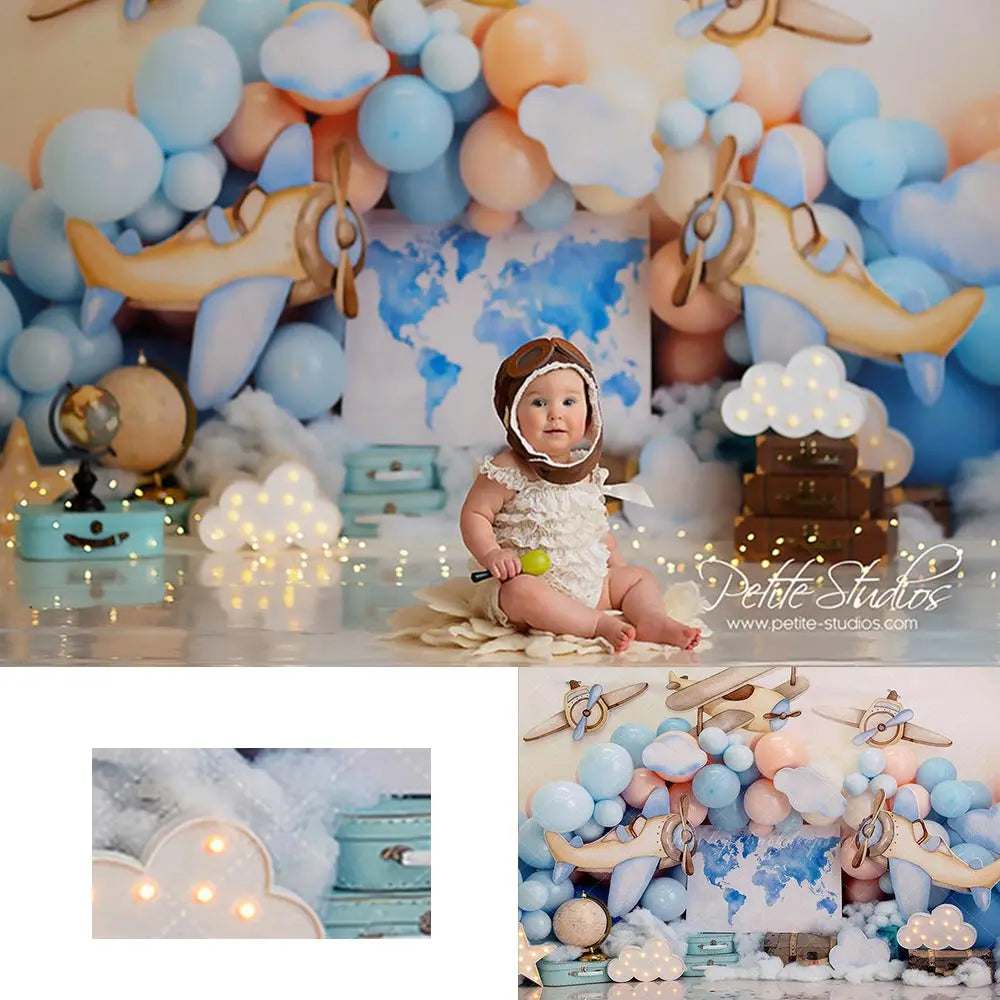 Time Flies Adventure Backdrop Plane and Balloons Kids Baby Cake Smash Photography Props Child Boys Adult Birthday Backgrounds