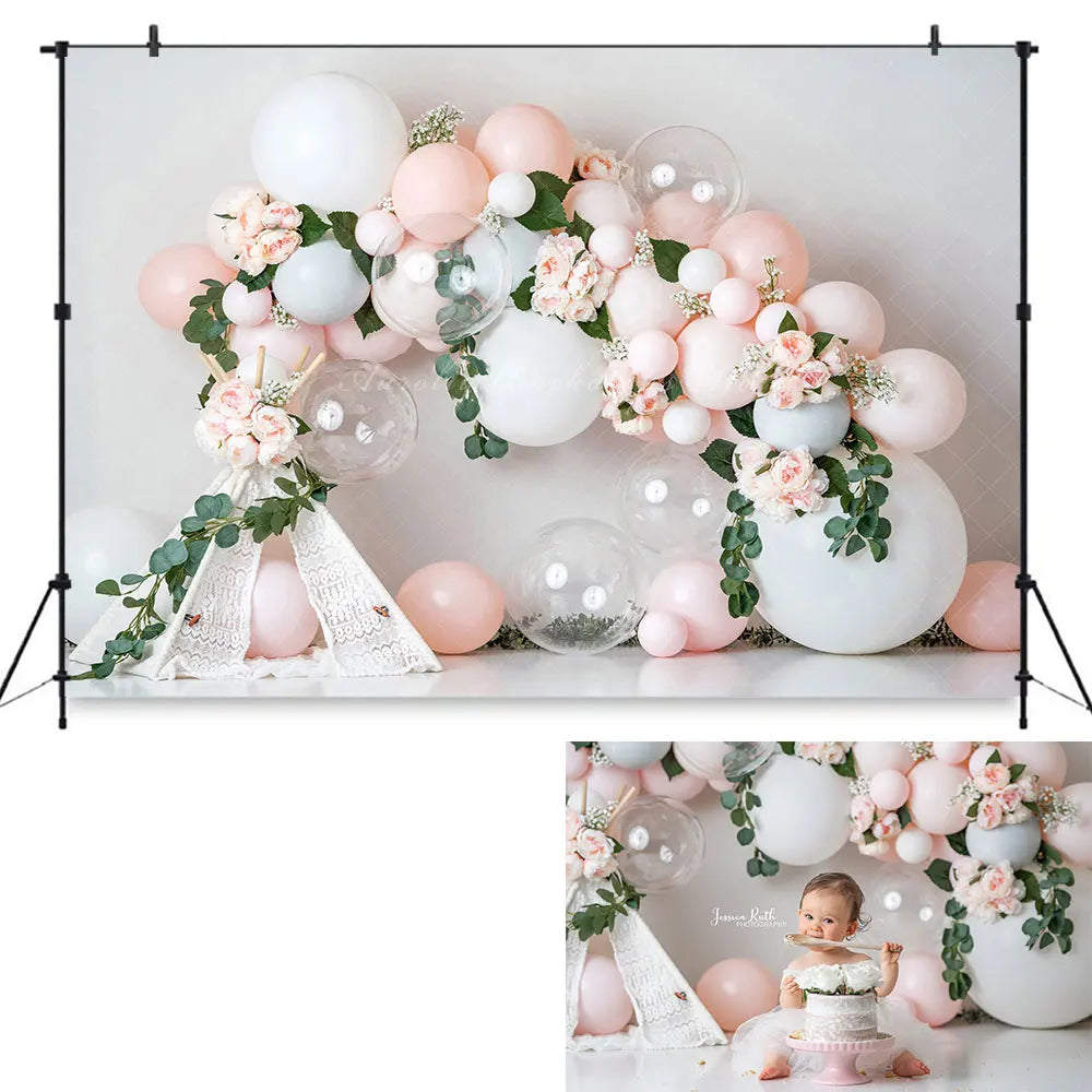 Spring Peony Flower Backdrop Boho Balloons Kids Cake Smash Photography Props Child Baby Adult Photocall Studio Backgrounds