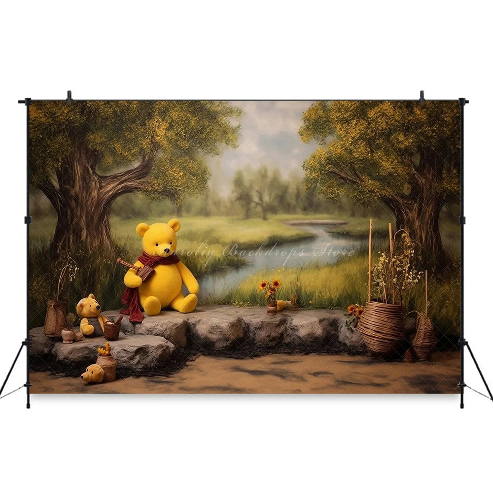 One Hundred Acre Woods Backdrop Kids Baby Birthday Photography Props Pooh Bear Foerst Child Cake Smash Dceor Studio Backgrounds