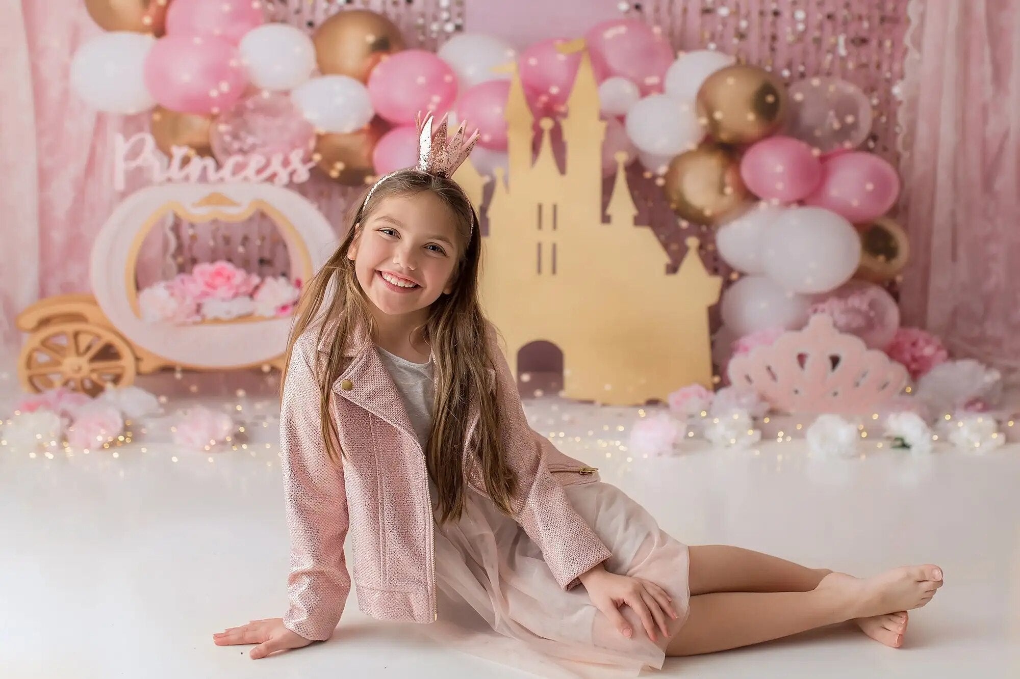 Gold Castle Pink Curtain Backdrops Kids Cake Smash Props Baby 1st Birthday Decors Balloons Child Girl Photography Background