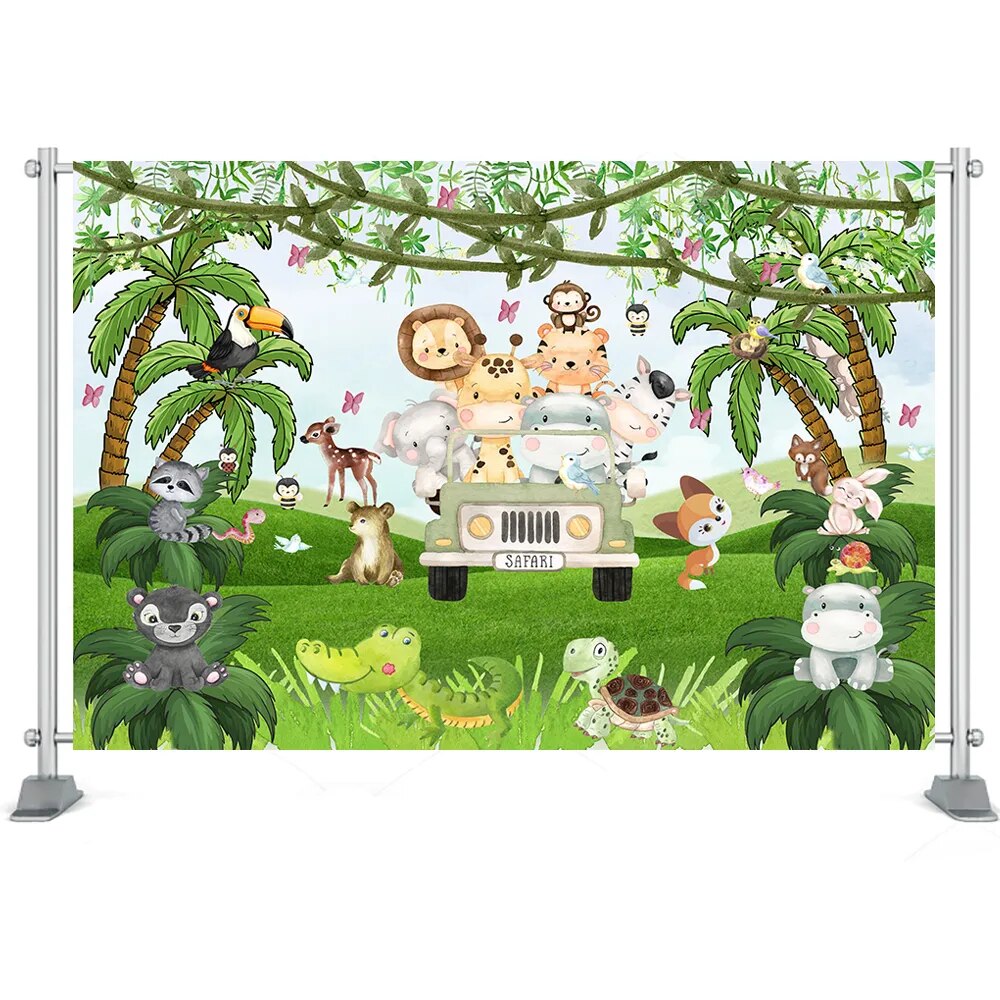 Jungle Animals Wood Floor Cake Smash Backdrop Floral Kids Birthday Photography Props Brick Wall Lion Monkey Forest Background