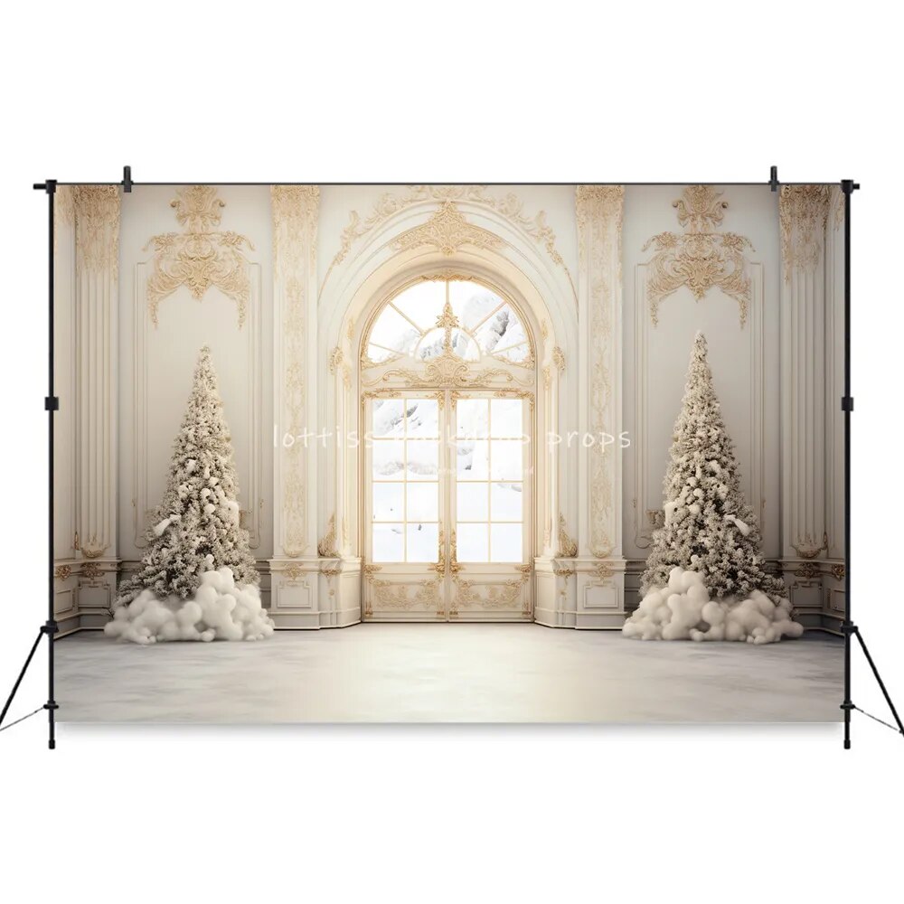 Christmas Living Room Window Backdrops Kids Adult Photorgraphy Props Child Baby Xams Trees White Castle Background