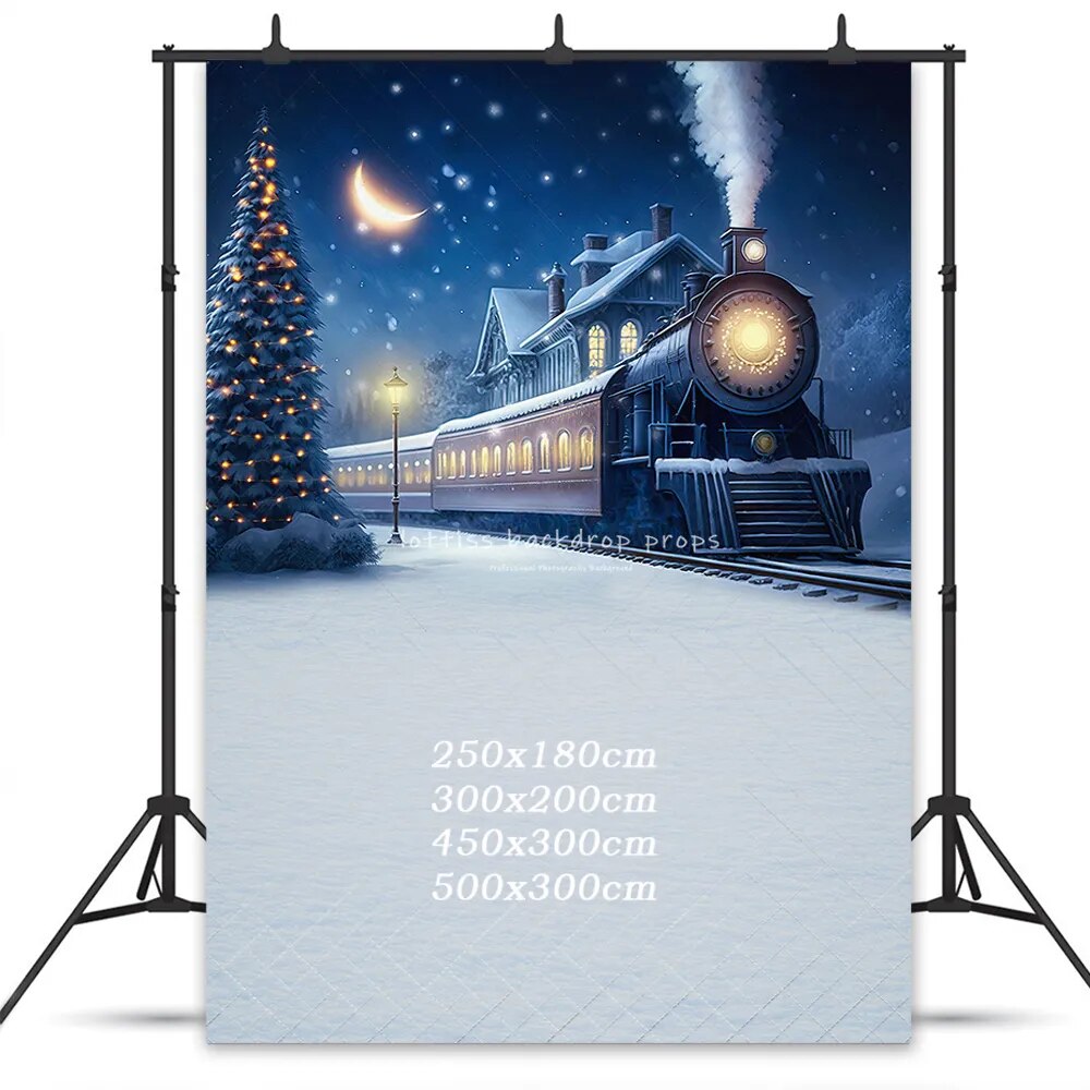 Prendre le Train de minuit arrière-plan enfants photographie noël bébé adulte Photocall enfant enneigé fond de noël 