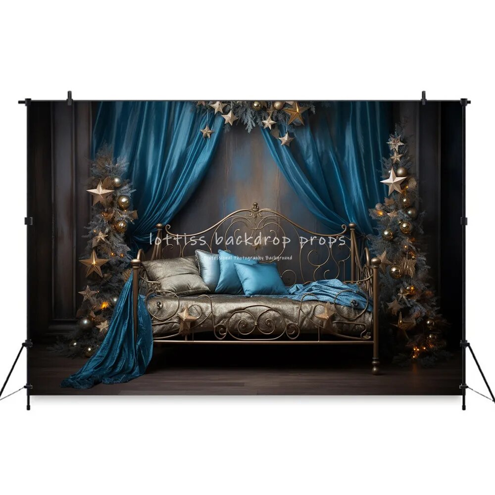 Xmas Star Bedroom Backdrops Kids Baby Photography Props Child Adult Photocall Decors Christmas Trees Bed Background