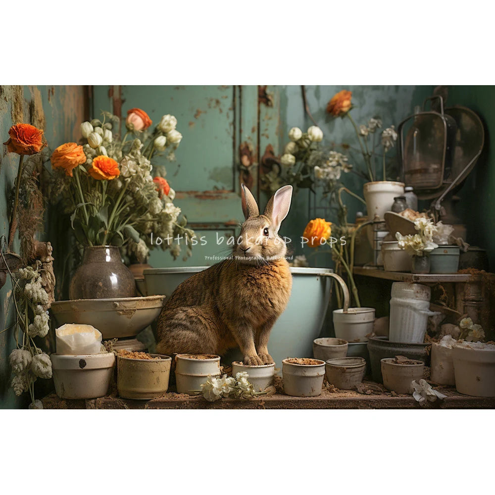 Easter Floral Bathroom With Bunny Backdrops Kids Baby Photography Child Adult Photocall Garden Flower Retro Wall Backgrounds