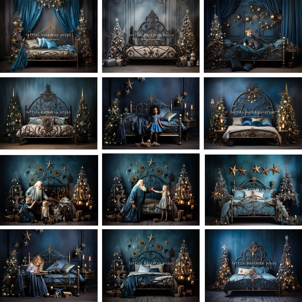 Arrière-plan de tête de lit de noël pour chambre à coucher, accessoires de photographie pour enfants et adultes, décors pour séance photo, arrière-plan d'arbres de noël dorés 