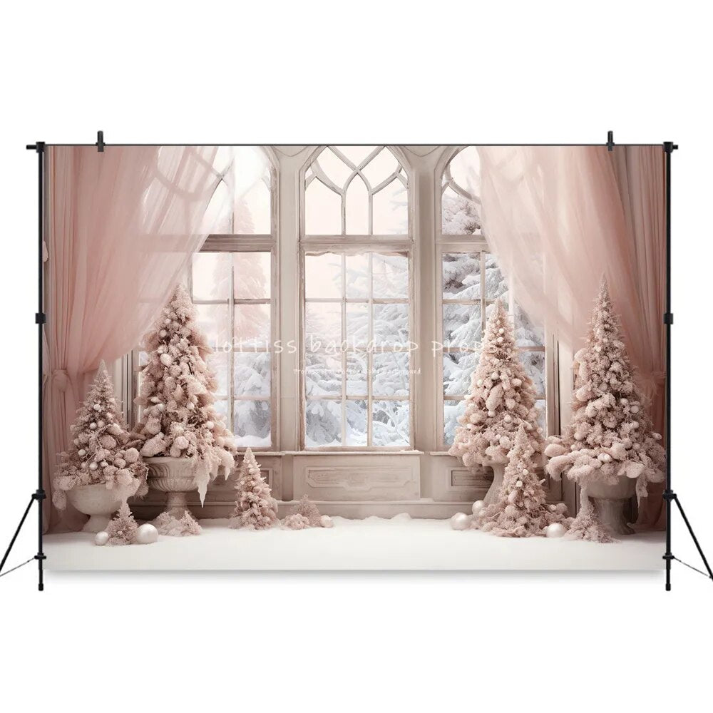 Arrière-plan de fenêtres de noël, accessoires de photographie pour enfants et adultes, décors de séance photo pour enfants et bébés, arrière-plan d'arbres de noël roses 