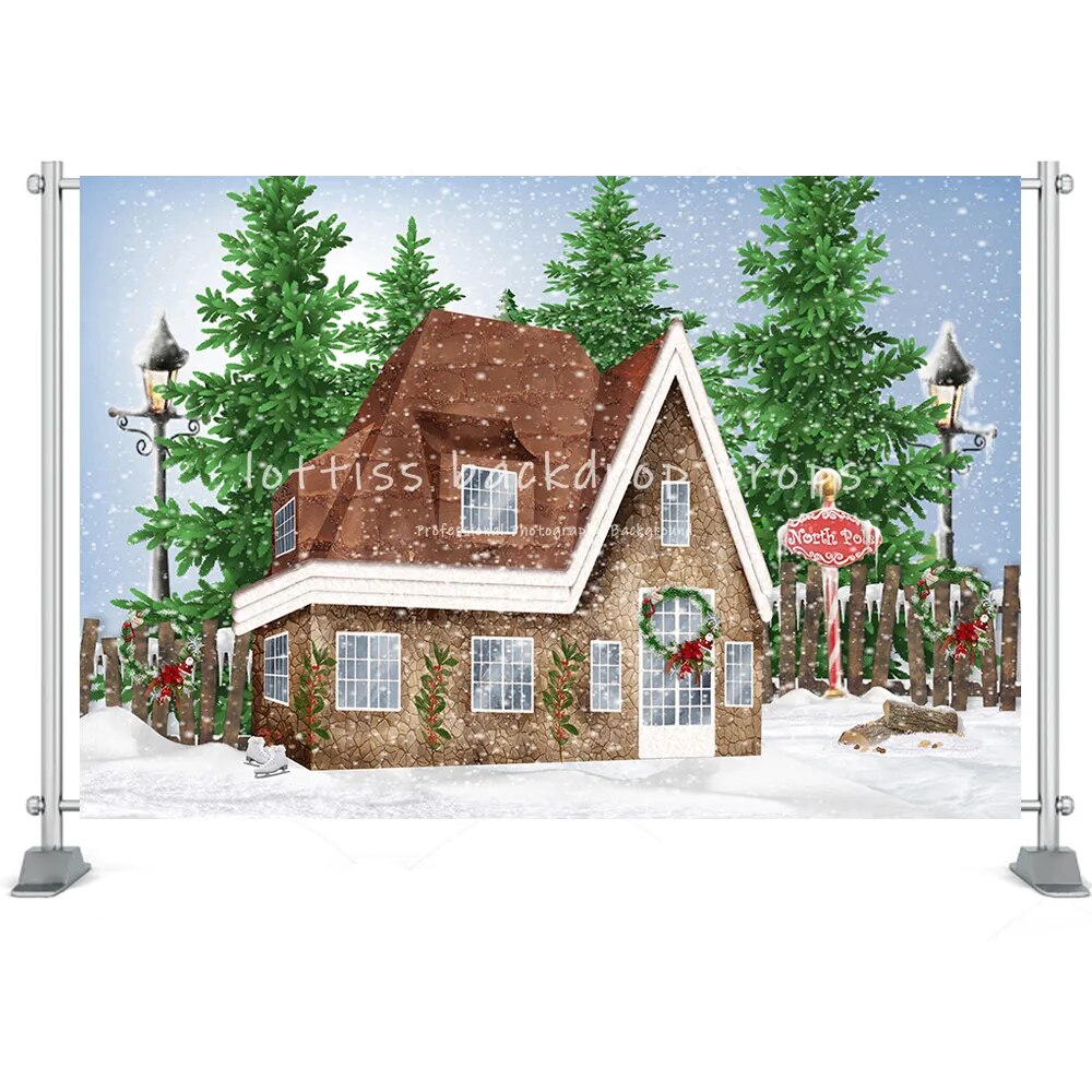 Winter House Backdrop Snow Field Forest Christmas Santa Claus Tree Farm Kids Bbay Family Portrait Photography Background