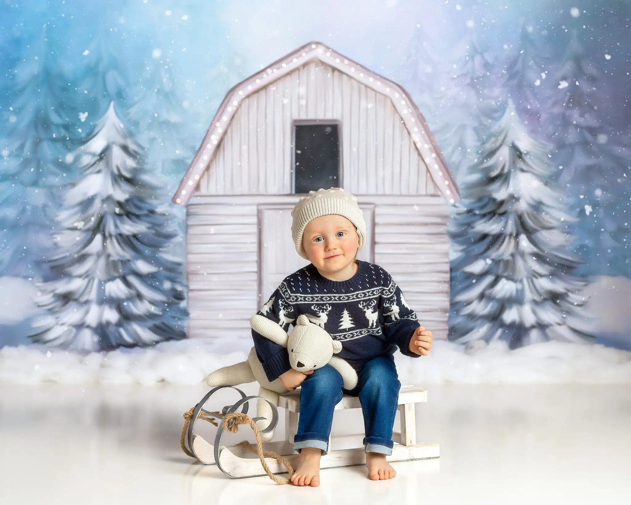 White Snowy Barn Backdrops Kids Child Portrait Photography Adult Baby Photocall Props Xmas Trees Snow House Front Background