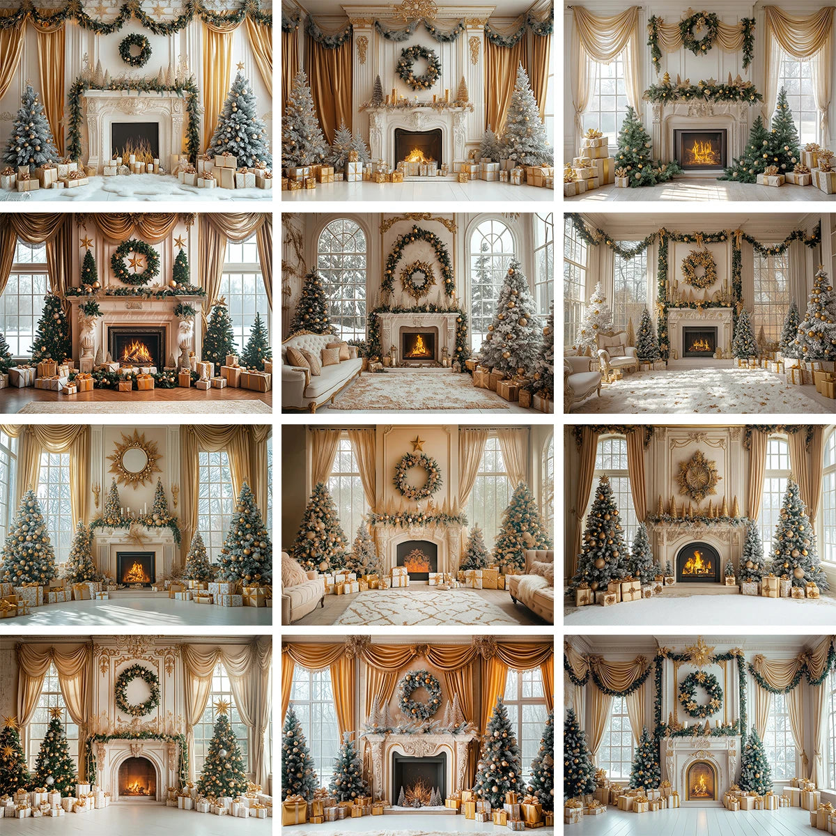 Christmas Backdrop with Fireplace and Large Window Baby Kids Portrait Family Party Photocall Photograhy Background Birthday Prop